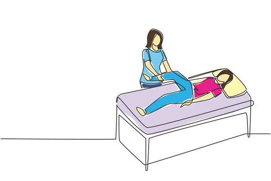 recommend clip art: Single continuous line drawing woman lying on massage table professional masseur therapist doing healing treatment massaging patient treating knee manual physical therapy. One line draw design vector
