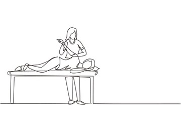 Single continuous line drawing woman patient lying on massage table therapist doing healing treatment massaging injured hand manual physical therapy rehabilitation concept. One line draw design vector - obrazy, fototapety, plakaty