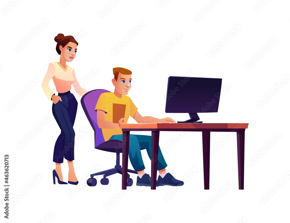 Poster office worker at computer with colleague isolated cartoon characters. vector boss businesswoman and 