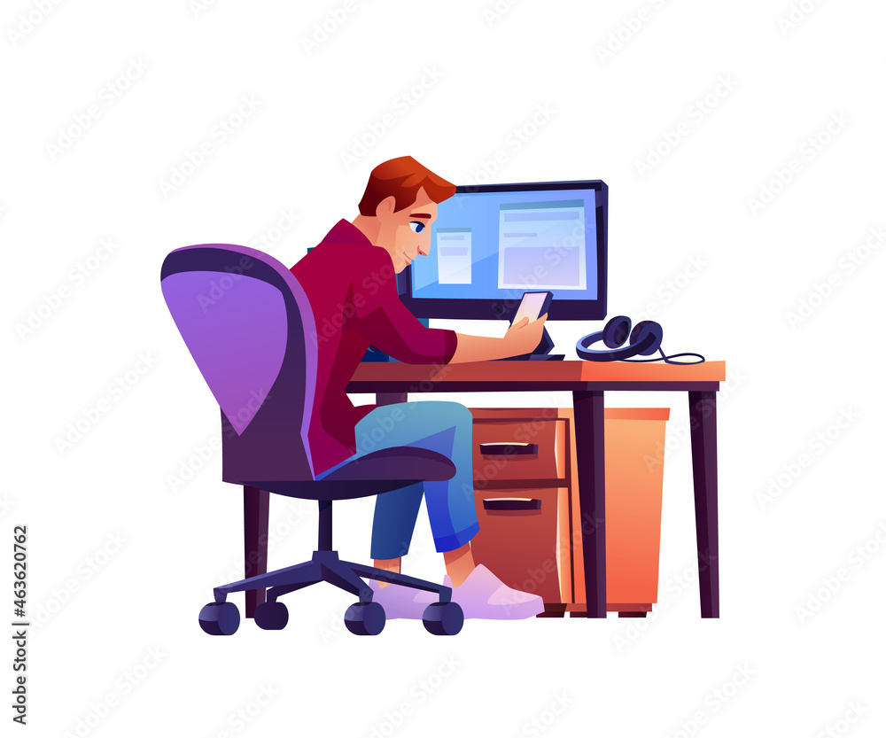 Aufkleber Office worker at computer uses smartphone isolated cartoon character. Vector back view of man sitting at table with monitor on desktop. Businessman or programmer at workplace, employee with phone