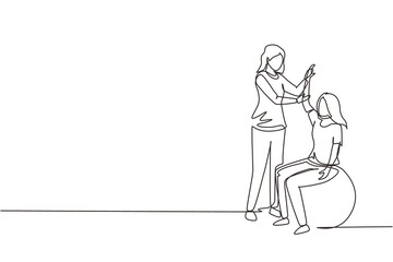 Fototapeta na wymiar Continuous one line drawing physiotherapy rehabilitation isometric composition with young woman patient sitting on ball and female doctor holding her hand. Single line draw design vector illustration
