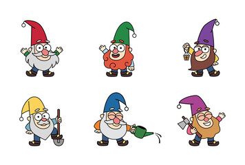 Cheerful little garden gnomes, dwarfs, old men, gardeners in cartoon style. Colorful vector fairytale kids illustration, drawing characters, mascots, stickers. Gnomes set