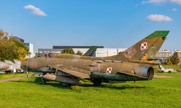 Kraków, Poland - October 2, 2021: A picture of a Sukhoi Su-22UM3k fighter jet on the grounds of the Polish Aviation Museum.