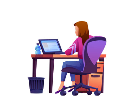 Woman sitting at workplace with laptop on table and water bottle on desktop isolated cartoon character. Vector back view of businesswoman at computer, employee freelancer, waste bin on floor