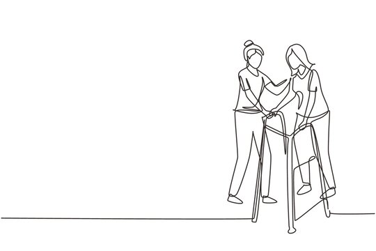Single continuous line drawing woman walking in medical rehabilitation, physical therapy. Female in recovery doing exercises. Girl therapist helping in rehab healthcare. One line draw design vector