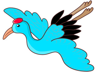 Bright blue bird drawing happily flying on a white background.