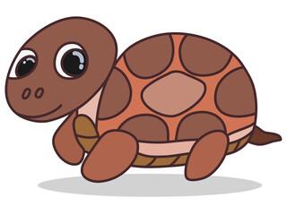 A photo of a light brown tortoise sitting and smiling with its colorful shells on a white background.