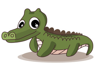 Cute big-eyed green crocodile walking on the sand, on a white background.