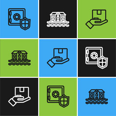 Set line Safe with shield, Delivery insurance and House flood icon. Vector