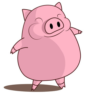 Image of a fat pink pig smiling and standing on two legs on a white background.