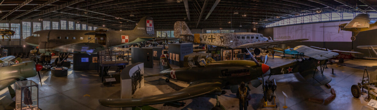 Kraków, Poland - October 2, 2021: A Panorama Picture Of The Main Hangar Of The Polish Aviation Museum.