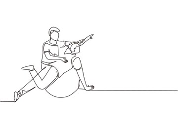 Single one line drawing physiotherapy rehabilitation isometric composition with male patient lying on top of rubber ball with medical assistant. Healthcare concept. Continuous line draw design vector