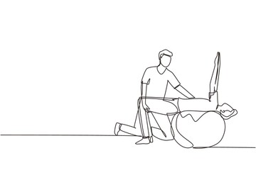 Continuous one line drawing physiotherapy rehabilitation isometric composition with man patient lying on top of rubber ball with medical assistant. Healthcare concept. Single line draw design vector
