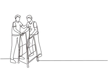 Fototapeta na wymiar Single continuous line drawing man walking in medical rehabilitation, physical therapy center. Male in recovery doing exercises. Guy therapist helping in rehab healthcare. One line draw design vector