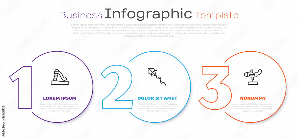 Poster Set line Kid slide, Kite and Swing plane. Business infographic template. Vector