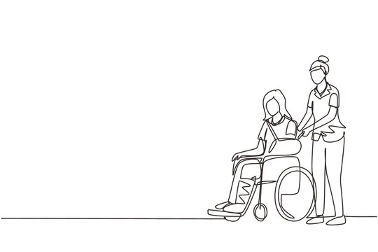 Single continuous line drawing disabled woman patient in wheelchair and doctor. Female transporting person walk in hospital. Medicine service. Rehabilitation. One line draw design vector illustration