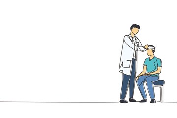 Continuous one line drawing doctor bandaging head of injured young man. Paramedic and male patient head injury. Emergency or first aid concept. Single line draw design vector graphic illustration