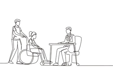 Single continuous line drawing doctor and patient. Practitioner doctor and woman patient in hospital medical office. Consultation, diagnosis. Medicine concept. one line draw design vector illustration