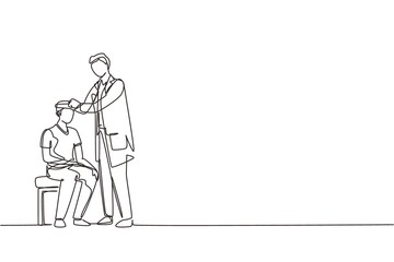 Continuous one line drawing doctor bandaging head of injured young man. Paramedic and male patient head injury. Emergency or first aid concept. Single line draw design vector graphic illustration