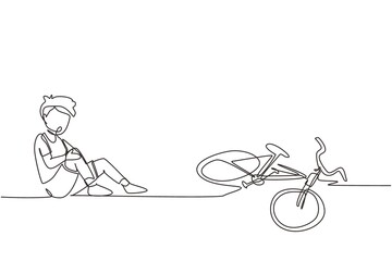 Single continuous line drawing boy fallen off bicycle. Bike accident. Kids fallen damaged bicycle broken transport children accidents helping person. Dynamic one line draw design vector illustration