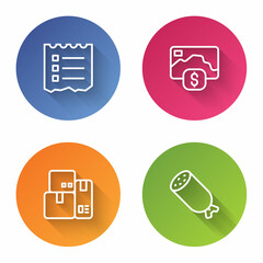 Set line Shopping list, Credit card, Cash register machine and Salami sausage. Color circle button. Vector