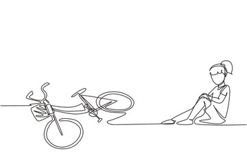 Naklejka premium Single one line drawing little girl hurt fallen off the bicycle. Broken bicycle. Kids fallen from bike unhappy children. Bike accident. Modern continuous line draw design graphic vector illustration