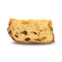 Slice of panettone, traditional italian christmas fruit cake, isolated over white background