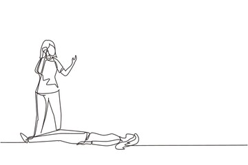 Continuous one line drawing girl calls emergency service by smartphone. Female has heart problems. Passer saves woman with heart attack. First aid. High-priority call. Single line draw design vector