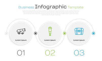 Set line Cannon, Spyglass telescope lens and Antique treasure chest. Business infographic template. Vector