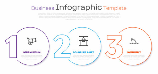 Set line Cannon, Antique treasure chest and Shark fin in ocean wave. Business infographic template. Vector