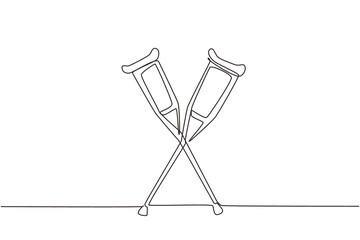 Single one line drawing crutches logo. Elbow crutch, telescopic metal crutch. Medical equipment for rehabilitation of people with diseases of musculoskeletal system. Continuous line draw design vector