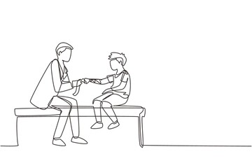 Continuous one line drawing children's doctor works with little boy. Orthopedist bandages boy's hand. Doctor treating child in medical office or hospital. Single line draw design vector illustration - obrazy, fototapety, plakaty