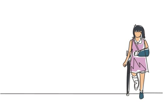 recommend clip art: Single continuous line drawing sad injured girl with broken arm and leg in gypsum. Full length of upset injured little girl standing on crutches. One line draw graphic design vector illustration