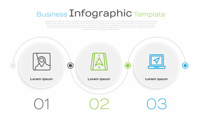 Set line Folded map with location marker, City navigation and Laptop. Business infographic template. Vector