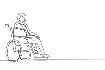 Continuous one line drawing woman with leg in plaster suffering from pain. Female sitting in wheelchair with broken leg. Girl with fractured leg sitting in wheelchair. Single line draw design vector