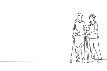 Single one line drawing woman patient learning to walk using crutches with help of doctor physiotherapist. Physiotherapy treatment of people with injury, disability. Continuous line draw design vector