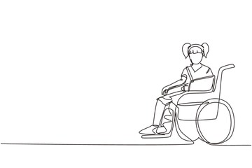 Single continuous line drawing little sad girl with leg in plaster. Injured upset kid sitting in wheelchair with broken leg. Child with fractured leg suffering from pain. One line draw design vector