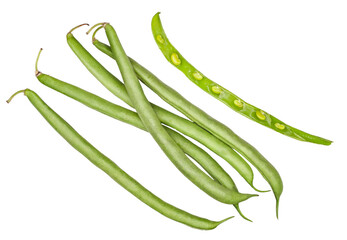 Fresh green beans isolated on a white background, top view