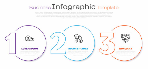 Set line Car rental, House with dollar and shield. Business infographic template. Vector