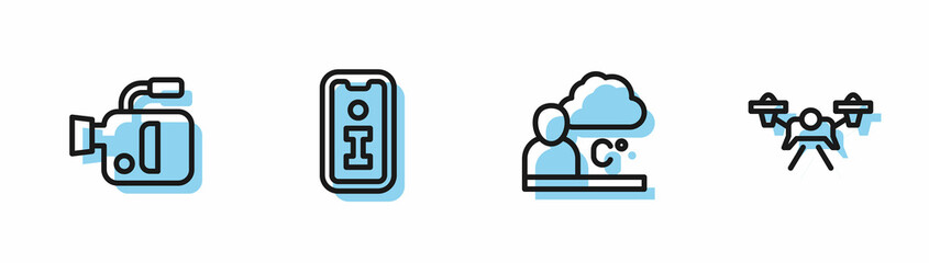 Set line Weather forecast, Cinema camera, Information and Drone icon. Vector