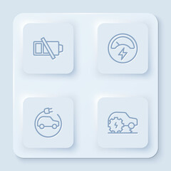 Set line Low battery, Voltmeter, Electric car and service. White square button. Vector