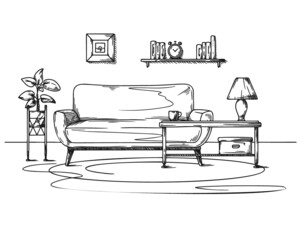 Living room sketch in black on white. Interior sketch, sofa, lamp and other furniture. Vector - 463623775