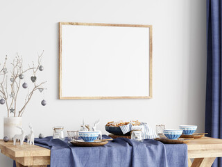 table setting for a christmas dinner with horizontal wooden frame on the wall, christmas mockup