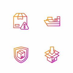 Set line Carton cardboard box, Delivery security with shield, and Cargo ship boxes delivery. Gradient color icons. Vector