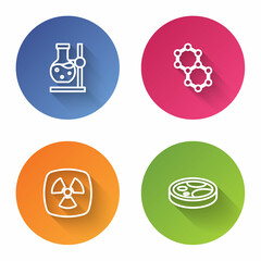 Set line Test tube flask on stand, Molecule, Radioactive and Petri dish with bacteria. Color circle button. Vector