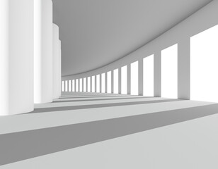 White empty interior. Gallery. Futuristic empty long light Sci-Fi tunnel. Colonnade. Template for design. Modern architectural presentation concept. Columns. 3D render. Shadow. Light. Perspective.