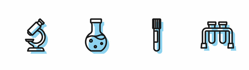 Set line Test tube, Microscope, and icon. Vector