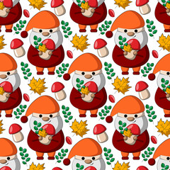 Seamless vector pattern with little autumns Gnomes with mushroom and leaf