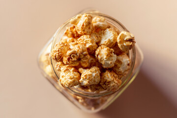 sweet popcorn in a jar top view close up
