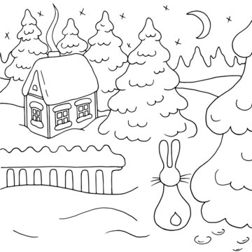 A Christmas House In The Winter Forest, Coloring Page